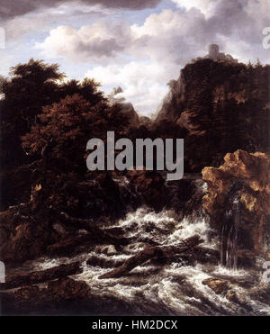 Jacob Isaacksz. Van Ruisdaels „Norwegische Landschaft mit Wasserfall“ zeigt das Talent des Künstlers, dramatische Naturszenen aufzunehmen. Das Gemälde zeigt einen kaskadierenden Wasserfall vor einer üppigen, zerklüfteten Landschaft, die typisch für Norwegens atemberaubende Topographie ist und Ruisdaels Meisterschaft in der Landschaftsmalerei widerspiegelt. Stockfoto