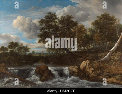 Landschap Met waterval ist ein Gemälde des niederländischen Meisters Jacob Isaacksz. Van Ruisdael. Das Werk zeigt eine dramatische Landschaft mit einem Wasserfall, charakteristisch für Ruisdaels Naturdarstellung im 17. Jahrhundert. Stockfoto