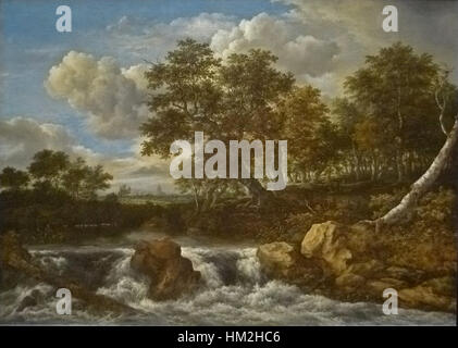 Jacob Isaacksz van Ruisdaels Gemälde „Landschap met waterval“ (Landschaft mit Wasserfall) zeigt eine natürliche Szene mit einem Wasserfall und zeigt die Meisterschaft des Künstlers in der Landschaftsmalerei im niederländischen Goldenen Zeitalter. Stockfoto