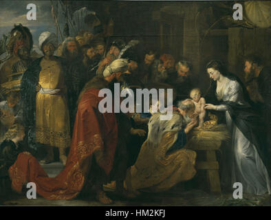 „L'Anbetung des Magiers“ von Peter Paul Rubens stellt die biblische Szene der drei Weisen dar, die dem Jesuskind Geschenke überreichen. Das Werk veranschaulicht Rubens’ Meisterschaft in der Erfassung von Bewegung, Emotionen und Details im barocken Stil. Stockfoto