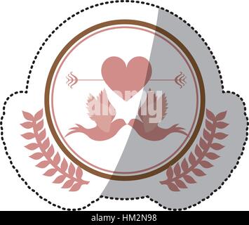 Farbe Aufkleber der Tauben befestigt durch die Spitze und großes Herz gekreuzt durch Pfeil im Kreis mit Oliven Branchs Vektor-illustration Stock Vektor