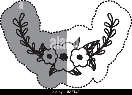 monochrome Kontur Aufkleber mit dekorativen halbe Krone Filiale Blumen- und mittleren Schatten Vektor-illustration Stock Vektor