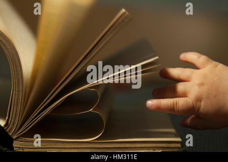 Babys Hand Buch erreichen. Seiten des Buches sind in Form von Herzen Stockfoto