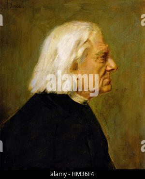 Dieses Porträt von Franz von Lenbach aus dem Jahr 1884 zeigt den ungarischen Komponisten Franz Liszt. Das Werk fängt Liszts ältere Gesichtszüge mit auffälligen Details ein und zeigt sein weißes Haar und sein herausragendes Aussehen als gefeierter Musiker, der für die Erschaffung des symphonischen Gedichts bekannt ist. Stockfoto