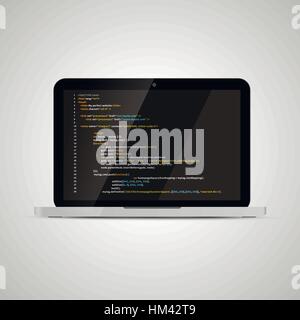 Realistische glänzend Laptop mit einfachen Website HTML-Codes auf dunklem Hintergrund Stock Vektor