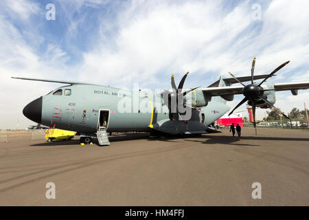 Marrakesch, Marokko - 28. April 2016: Königliche Luftwaffe Airbus A400M (Atlas (C1) auf dem Display auf der Luftfahrtausstellung in Marrakesch Stockfoto