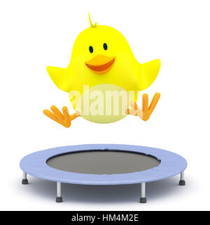 Kleine Küken springen auf dem Trampolin - 3D render Stockfoto