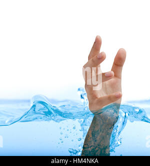 Hand im Wasser isoliert auf weißem Hintergrund Stockfoto