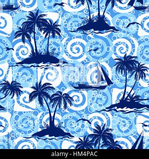 Palmen, Schiffe und Möwen, nahtlose Stock Vektor