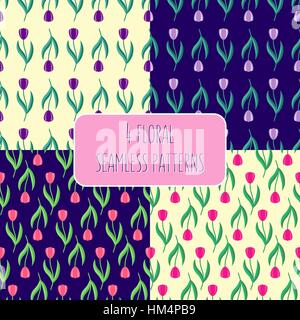 Satz von nahtlosen Vektor-Muster mit roten und lila Tulpen. Frühling oder Sommer Hintergrund, floralen Design. Bereits in Farbfelder. Stock Vektor
