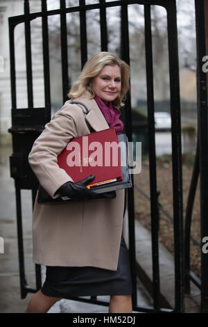 Ausbildung Sekretärin Justine Greening Ankunft einer Kabinettssitzung in 10 Downing Street, London. Stockfoto