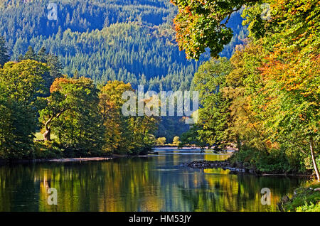 Bunten Laubbäume spiegelt sich in den ruhigen Gewässern des Flusses Tay an einem sonnigen Herbsttag, eine Forstwirtschaft Plantage steigt auf den Hügeln hinter. Stockfoto