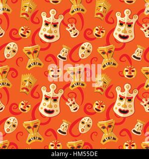 Verschiedenen Voodoo Holzmasken auf abstrakten roten Hintergrund nahtlose Muster Stock Vektor