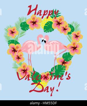 Vektor-Illustration von Valentine Karte mit Flamingos, tropische Blumen, Blätter Stock Vektor