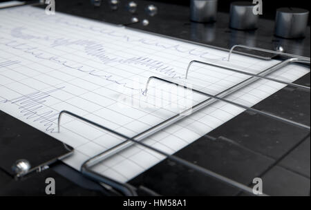 Ein 3D Rendering einer Polygraph Lügendetektor Maschine zeichnen von roten Linien auf Zeichenpapier mit Maßeinteilung Stockfoto