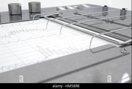 Ein 3D Rendering einer Polygraph Lügendetektor Maschine zeichnen von roten Linien auf Zeichenpapier mit Maßeinteilung Stockfoto