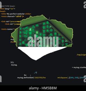 Gerissene Loch im Programm Text mit Matrixcode Zeichen auf Hintergrund Stock Vektor