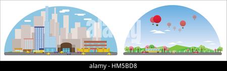 Digitale Vektor abstrakten Hintergrund Sammlungssatz mit Stadtbild, Straße und Autos, hohe Gebäude und Wolken, flache Dreieck-Cartoon-Stil Stock Vektor