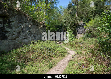 Einsiedler Höhle in einem stillgelegten Steinbruch hinter dem Assistenten Pub an Alderley Edge, Cheshire, England. Stockfoto