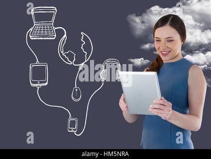 Frau mit digital-Tablette mit Digital erzeugte Programmsymbol Stockfoto