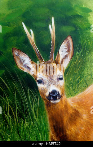 Gemälde von junges Reh in wilder Landschaft mit hohen Gräsern. Kontakt mit den Augen. Stockfoto
