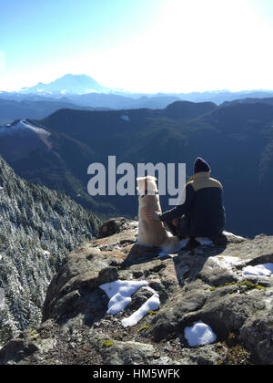 Rückansicht des Mannes mit Hundesitting auf Felsen gegen Berg Stockfoto