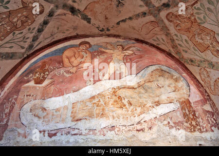 Fresken im Inneren der Qasr Amra, auch transkribiert Quseir Amra oder Qusayr Amra, ist die bekannteste der Wüste Burgen befindet sich im östlichen Jordan Stockfoto