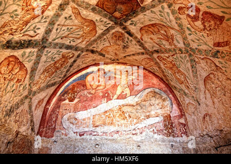 Fresken im Inneren der Qasr Amra, auch transkribiert Quseir Amra oder Qusayr Amra, ist die bekannteste der Wüste Burgen befindet sich im östlichen Jordan Stockfoto