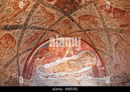 Fresken im Inneren der Qasr Amra, auch transkribiert Quseir Amra oder Qusayr Amra, ist die bekannteste der Wüste Burgen befindet sich im östlichen Jordan Stockfoto