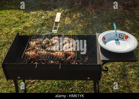 Chicken Wings und Beinchen auf dem Grill auf eine Feuerschale Grill gebraten. Stockfoto