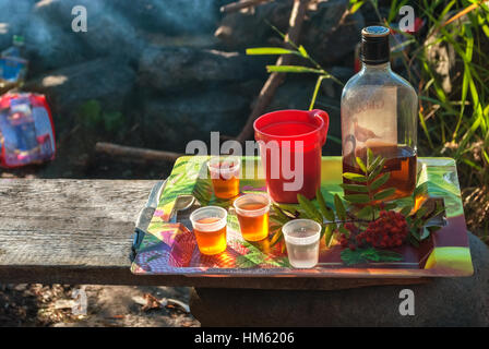 Eine Flasche Cognac, Likörgläser, Becher und ein Zweig der Eberesche Becher auf Tablett, stehend auf einem Holzbrett. Stockfoto