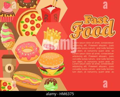 Fast-Food-Vorlage mit Hamburger und Pommes frites, Kaffee, Eis, Pizza, Krapfen und so. Vektor-Illustration, Eps 10. Stock Vektor