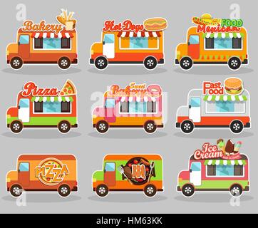 Satz von Vektor-Illustrationen Imbisswagen - Eis, BBQ, süße Backwaren, Hot Dog, Pizza, mexikanisch und Fast-Food. Stock Vektor