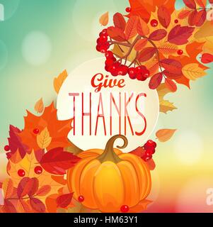 Danke - Herbst Hintergrund mit bunten Blättern, Kürbis und Rahmen mit Text. 10 EPS-Vektor-Illustration. Stock Vektor