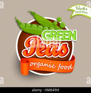 Grüne Erbsen Logo Schriftzug Typografie-Lebensmittel-Etikett oder Sticer. Bauernmarkt, Bio-Lebensmittel, natürliches Produktdesign Konzept. Vektor-Illustration. Stock Vektor