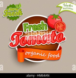 Frische Tomaten-Logo Schriftzug Typografie-Lebensmittel-Etikett oder Sticer. Konzept für Bauernmarkt, Bio-Lebensmittel, natürliche Produkt-Design, Saft, Sauce, Ketchup. Stock Vektor