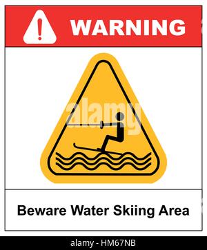 Vorsicht bei Wasserski-Bereich. Warnschild in gelben Dreieck isoliert auf weiss. Lager Vektorgrafik. Sommer-Wasser-Sport-Piktogramme flach Personen-Symbol Stock Vektor