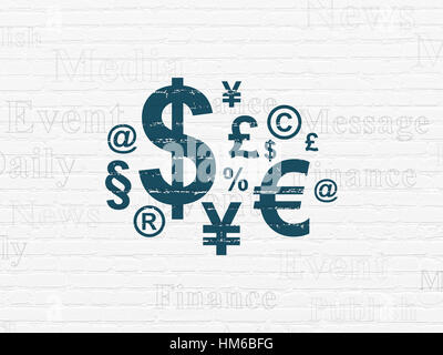 Aktuelles Konzept: gemalte blaues Finance Symbol Symbol auf weiße Ziegel Wand Hintergrund mit Tag-Cloud Stockfoto