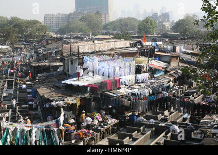 Waschen, waschen, Tag, Waschtag, Hand, waschen, Wäsche, und hängende, Kleidung, am Dhobi Ghat, Mahalaxmi, Mumbai, Bombay, Maharashtra, Indien. Stockfoto