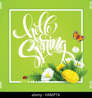 Inschrift Hallo Frühling Hand Schriftzug auf Hintergrund mit Blumen. Vektor-illustration Stock Vektor