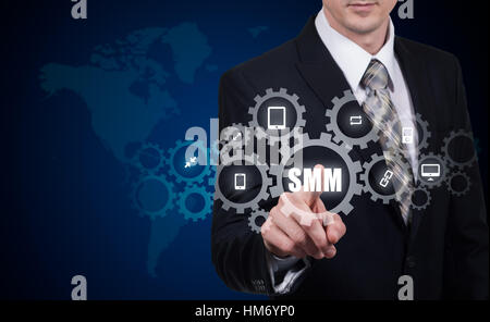 Business, Technologie, Internet und Networking-Konzept. SMM - Social Media Marketing auf dem virtuellen Display. Stockfoto