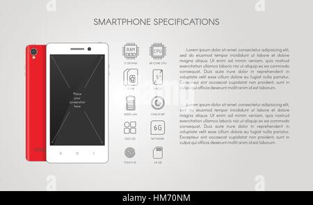 Smartphone-Spezifikationen mit flache Linie Symbole. Stock Vektor