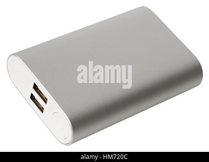 Silber Powerbank für mobile Gerät mit zwei USB-Anschlüsse isoliert auf weißem Hintergrund Stockfoto