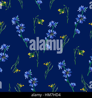 Nahtlose Muster mit gelbe Rakete und blauen Chicorée Blumen. Handgezeichnete Aquarellmalerei auf dunkelblauem Hintergrund. Stockfoto