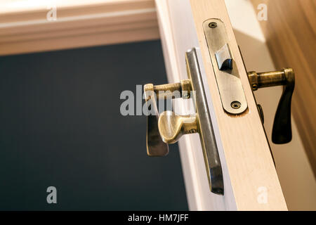 Moderne, zeitgemäße satin Holztür Metallgriff Nahaufnahme detail Stockfoto