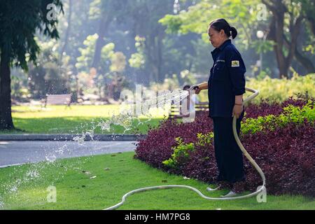 Nicht identifizierte Vietnamesin mit kegelförmiger Hut Bewässerung Rasen in einem Park. Stockfoto