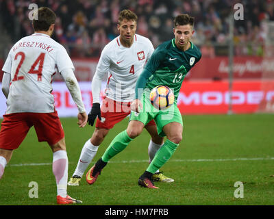 WROCLAW, Polen - 14. November 2016: Freundliche Fußballspiel Polen - Slowenien 1:1. In Aktion Thiago Cionek ich Andraz Sporar. Stockfoto