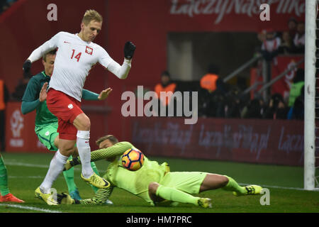 WROCLAW, Polen - 14. November 2016: Freundliche Fußballspiel Polen - Slowenien 1:1. Lukasz Teodorczyk shotting Ziel für Polen. Stockfoto