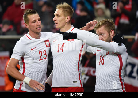 WROCLAW, Polen - 14. November 2016: Freundliche Fußballspiel Polen - Slowenien 1:1. Kamil Wilczek (L), Lukasz Teodorczyk und Jakub Blaszczykowski af Stockfoto