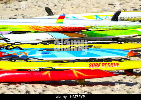 Zahlreiche bunte Rettung Surfbretter am Kings Beach auf der Sunshine Coast von Queensland, Australien. Stockfoto